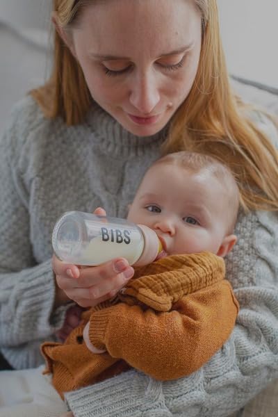 BIBS Baby Glass Bottle. Anti - Colic. Round Natural Rubber Latex Nipple. Supports Natural Breastfeeding, Complete Set - 110 ml, Blush - LittleTreasures