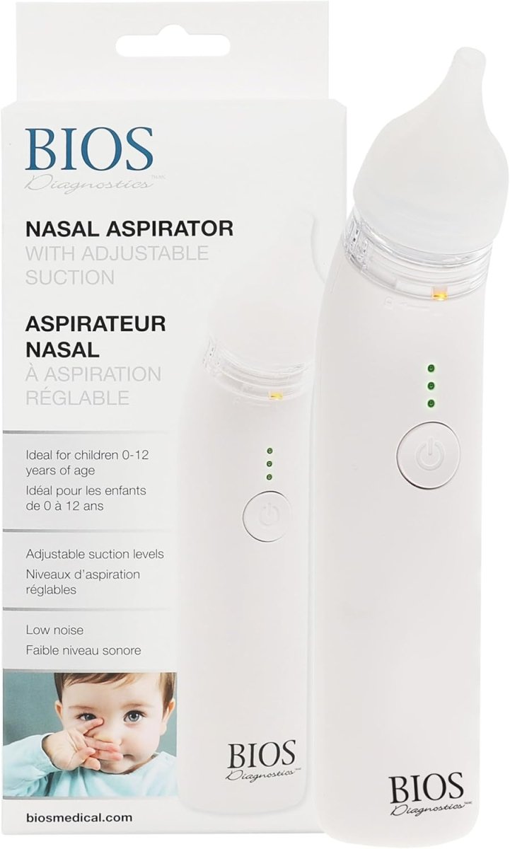 BIOS Diagnostics Nasal Aspirator with Adjustable Suction, Removes Nasal Secretions & Mucus, Gentle, For Newborn, Baby, Child, 0 - 12 Years, Two Silicone Tip Sizes, Easy to Use & Clean, Rechargeable. Comes with rechargeable charger. - LittleTreasures