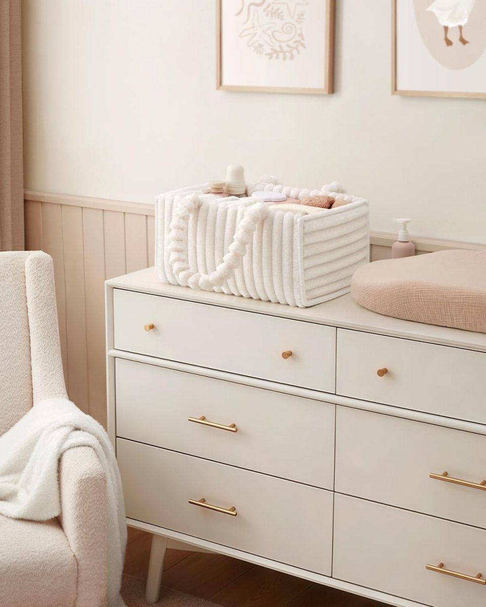 Blissful Diary Flannel Diaper Caddy Organizer, Stylish Nursery Storage Basket, Gift for Baby Shower, Newborn Essentials, Cream White - LittleTreasures
