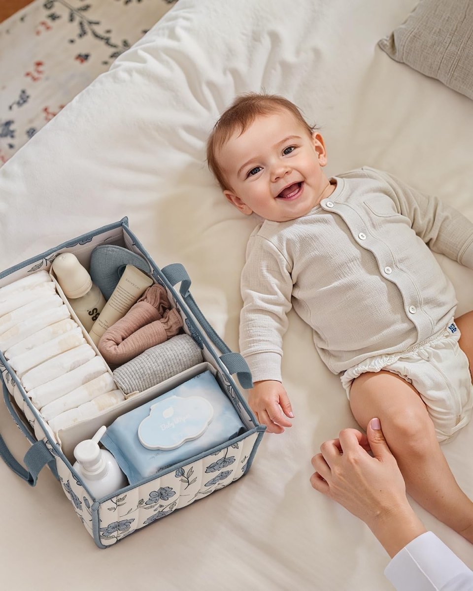 Blissful Diary Floral Diaper Caddy Organizer, Stylish Nursery Storage Basket, Gift for Baby Shower, Newborn Essentials, Peony Blue - LittleTreasures