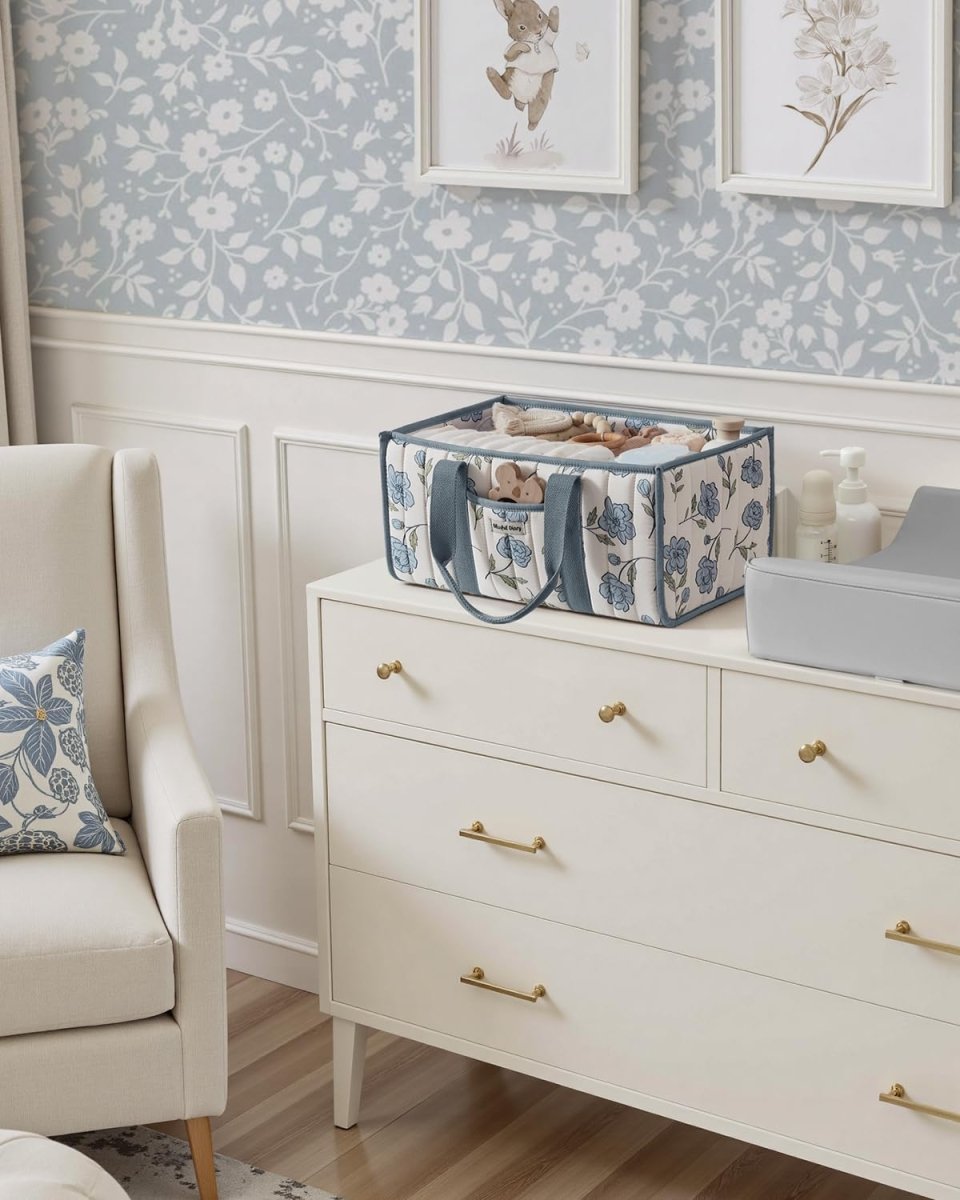 Blissful Diary Floral Diaper Caddy Organizer, Stylish Nursery Storage Basket, Gift for Baby Shower, Newborn Essentials, Peony Blue - LittleTreasures