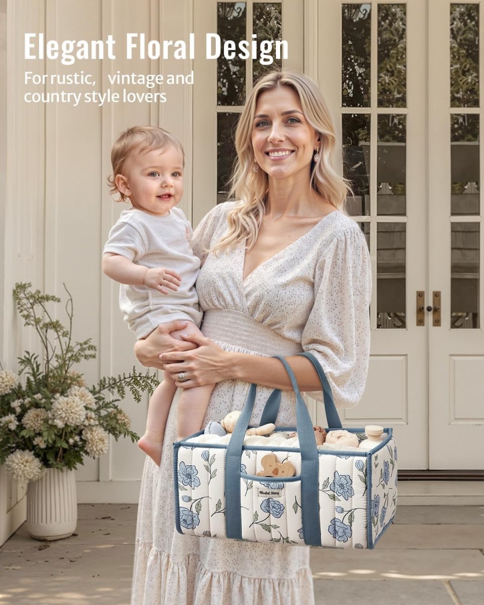 Blissful Diary Floral Diaper Caddy Organizer, Stylish Nursery Storage Basket, Gift for Baby Shower, Newborn Essentials, Peony Blue - LittleTreasures