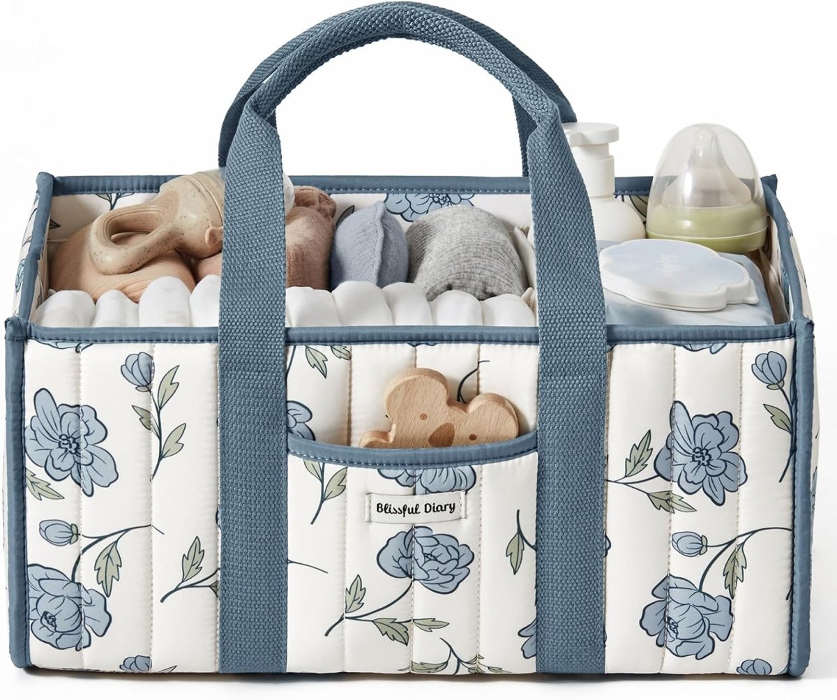 Blissful Diary Floral Diaper Caddy Organizer, Stylish Nursery Storage Basket, Gift for Baby Shower, Newborn Essentials, Peony Blue - LittleTreasures