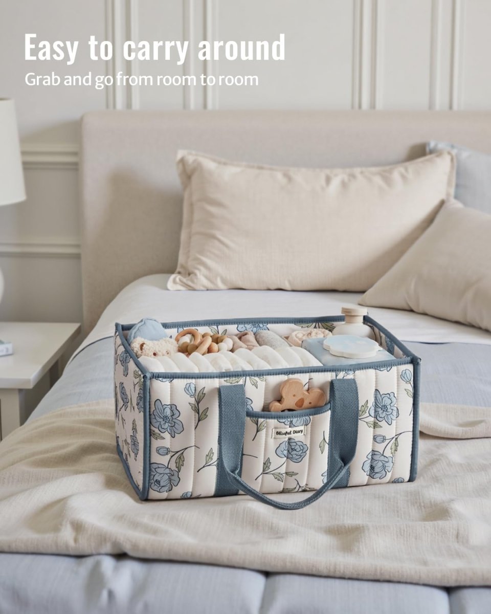 Blissful Diary Floral Diaper Caddy Organizer, Stylish Nursery Storage Basket, Gift for Baby Shower, Newborn Essentials, Peony Blue - LittleTreasures