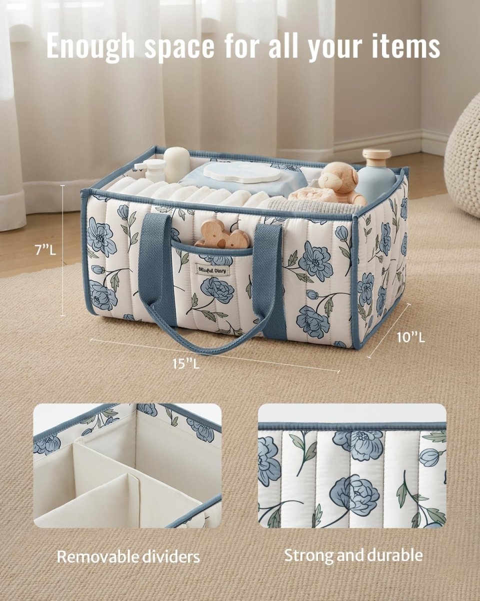 Blissful Diary Floral Diaper Caddy Organizer, Stylish Nursery Storage Basket, Gift for Baby Shower, Newborn Essentials, Peony Blue - LittleTreasures