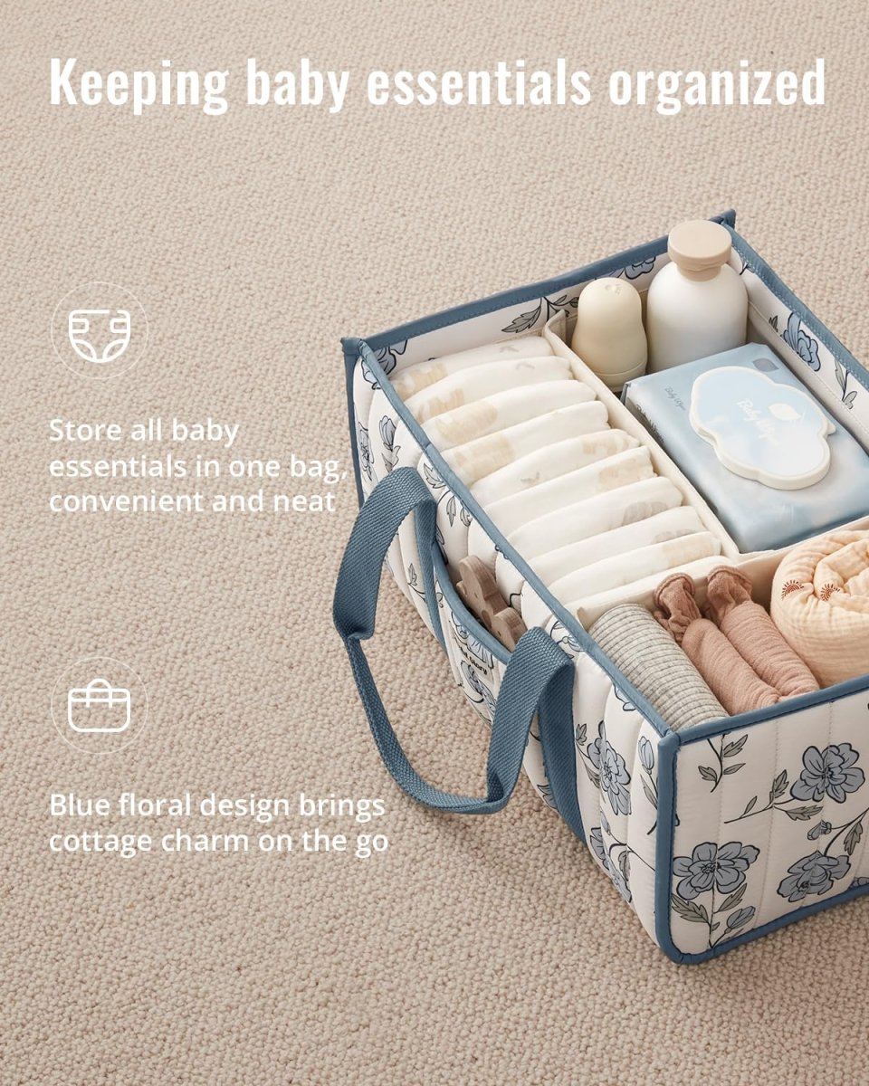 Blissful Diary Floral Diaper Caddy Organizer, Stylish Nursery Storage Basket, Gift for Baby Shower, Newborn Essentials, Peony Blue - LittleTreasures