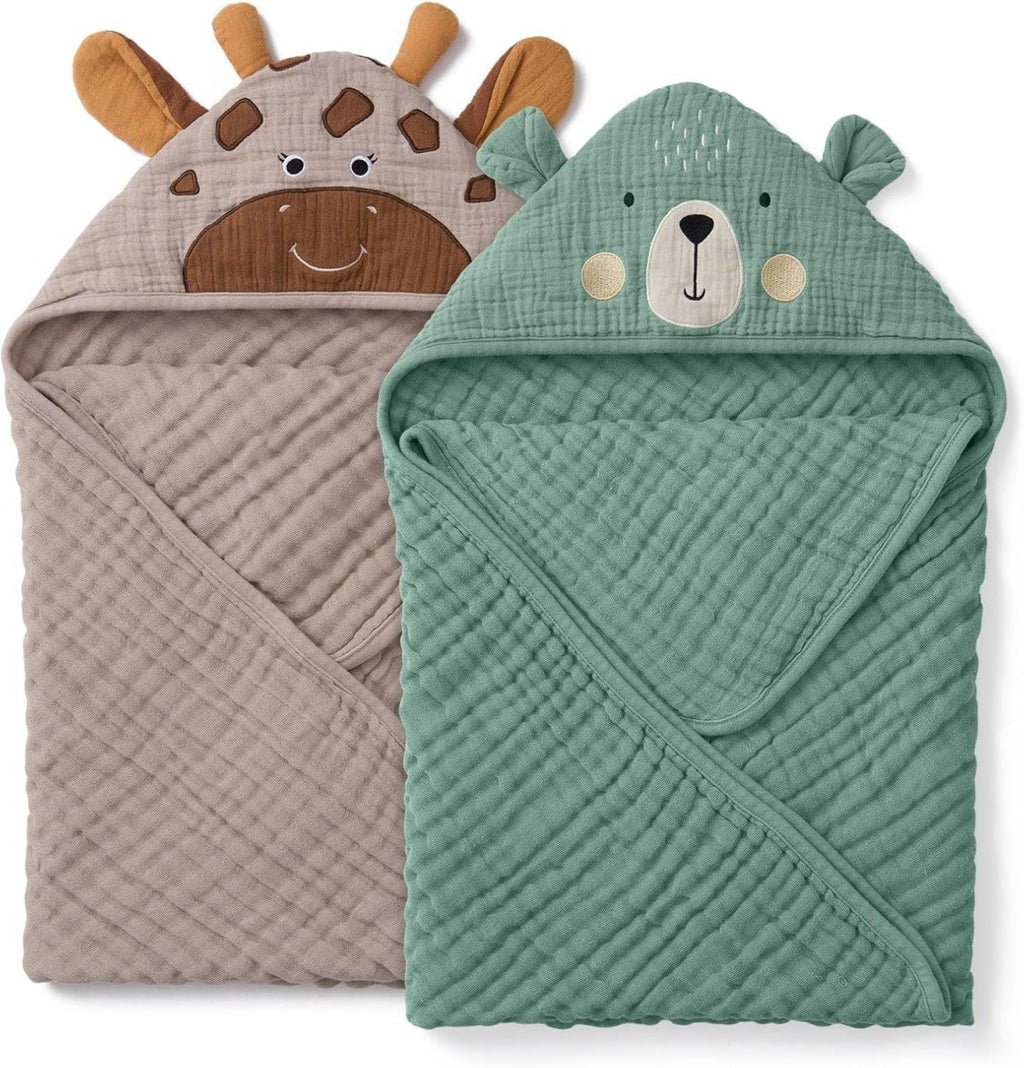 Blissful Diary Muslin Baby Hooded Towel 2 Pack, Soft & Absorbent Bath Towel for Infant, Toddler, Baby Gift, Newborn Essential - LittleTreasures