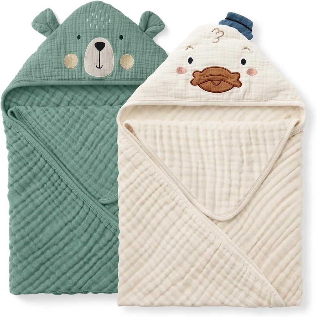 Blissful Diary Muslin Baby Hooded Towel 2 Pack, Soft & Absorbent Bath Towel for Infant, Toddler, Baby Gift, Newborn Essential - LittleTreasures