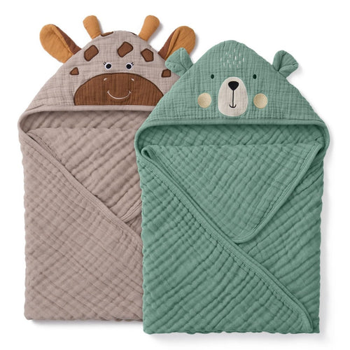 Blissful Diary Muslin Baby Hooded Towel 2 Pack, Soft & Absorbent Bath Towel for Infant, Toddler, Baby Gift, Newborn Essential - LittleTreasures