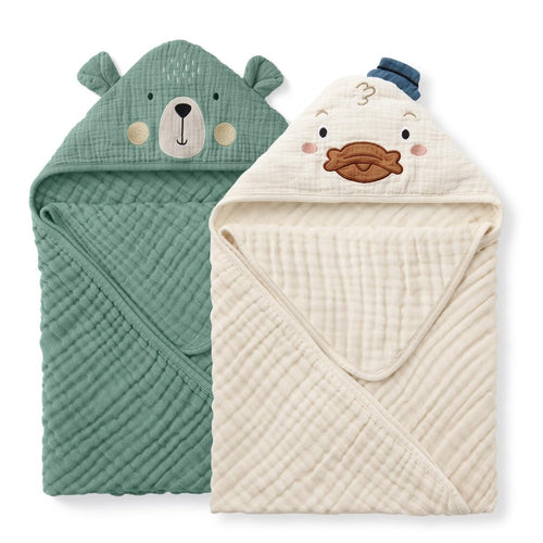 Blissful Diary Muslin Baby Hooded Towel 2 Pack, Soft & Absorbent Bath Towel for Infant, Toddler, Baby Gift, Newborn Essential - LittleTreasures