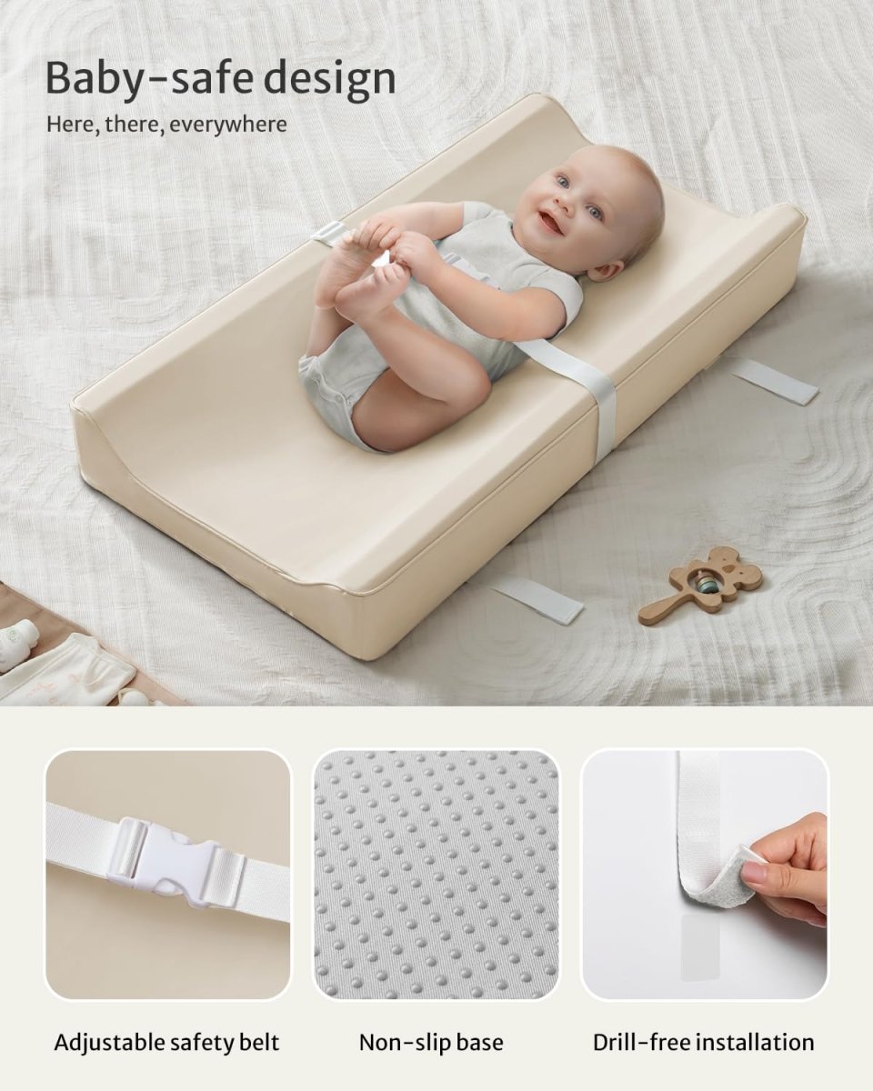 Blissful Diary Vegan Leather Baby Changing Pad with Waterproof & Wipe - Clean PU Cover, Standard Size Cozy Diaper Changing Pad for Dresser and Table, Light Gray - LittleTreasures