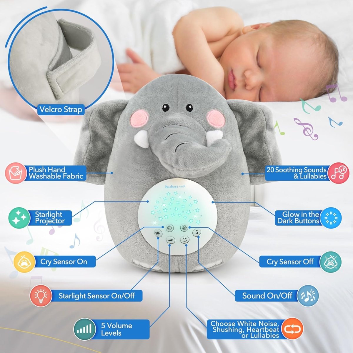 Bubzi Co Sound Machine & Shusher, Portable Elephant Soother & Night Light Projector, White Noise Sleep Aid for Infants & Toddlers - LittleTreasures