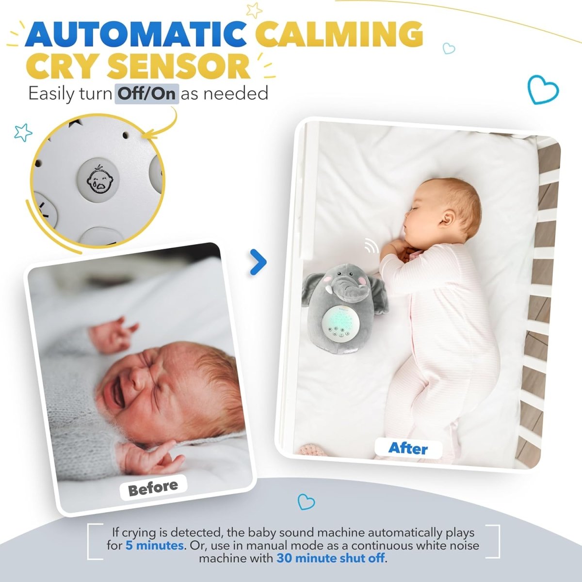 Bubzi Co Sound Machine & Shusher, Portable Elephant Soother & Night Light Projector, White Noise Sleep Aid for Infants & Toddlers - LittleTreasures