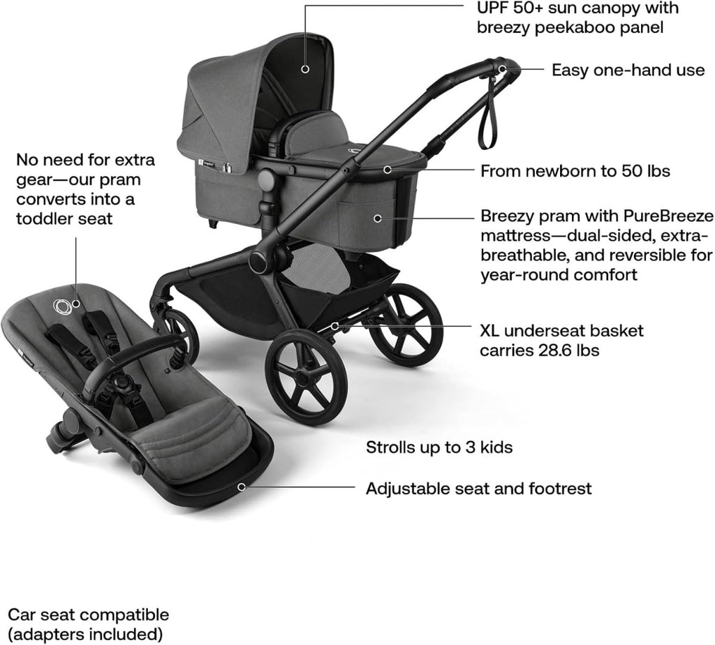 Bugaboo Kangaroo Single to Double Tandem Stroller with Seat and pram for All Terrains - Moon Grey - LittleTreasures
