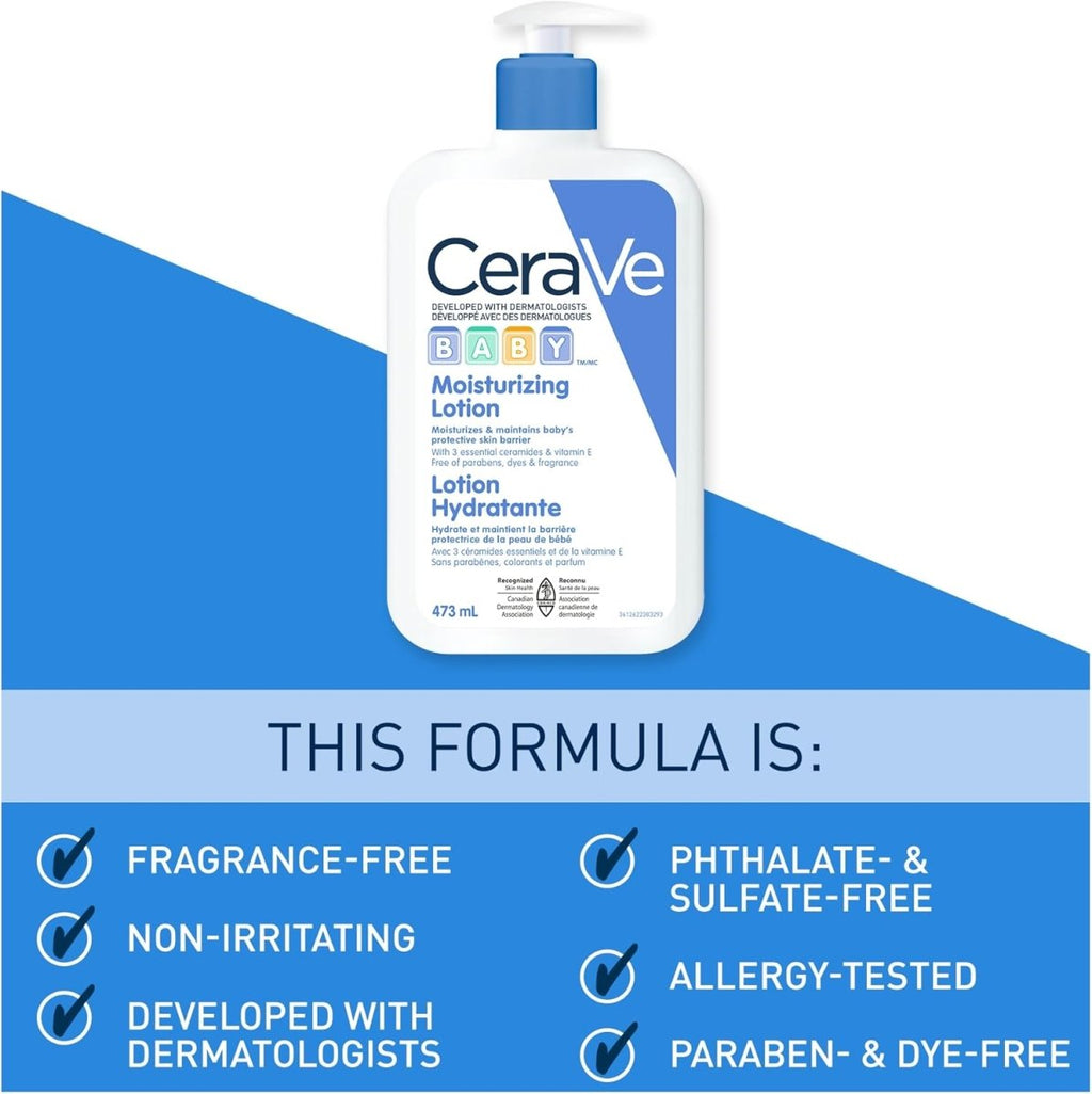 CeraVe BABY Moisturizing Lotion, Gentle Skin Care for Face & Body with Ceramides, Hyaluronic Acid, Niacinamide & Vitamin E. Fragrance - Free, Paraben - Free, Dye - free. Sensitive skin, non - greasy, 473ML - LittleTreasures