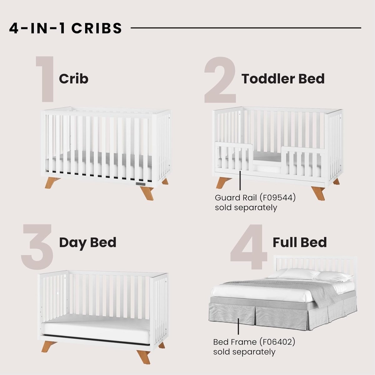 Child Craft SOHO 4 - in - 1 Convertible Crib, Baby Crib Converts to Day Bed, Toddler Bed and Full Size Bed, 3 Adjustable Mattress Positions, Non - Toxic, Baby Safe Finish (White/Natural) - LittleTreasures