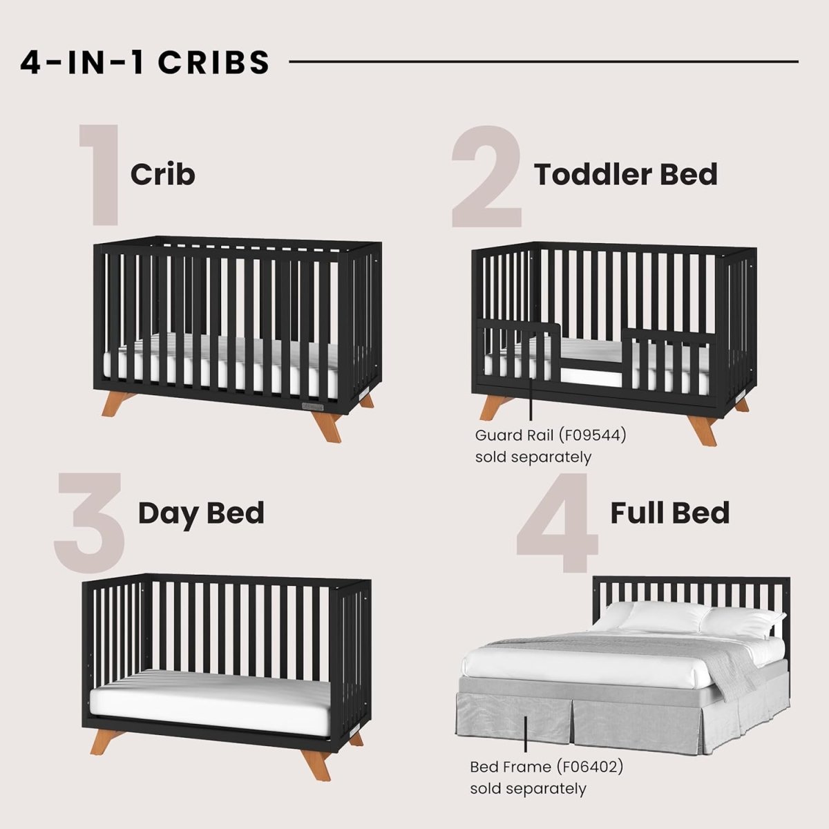 Child Craft SOHO 4 - in - 1 Convertible Crib, Baby Crib Converts to Day Bed, Toddler Bed and Full Size Bed, 3 Adjustable Mattress Positions, Non - Toxic, Baby Safe Finish (Ebony) - LittleTreasures