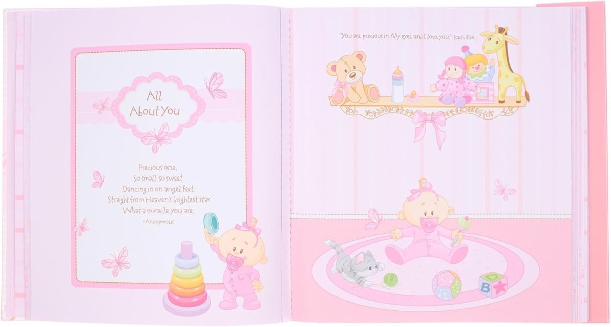Christian Art Gifts Girl Baby Book of Memories Pink Keepsake Photo Album Our Baby Girl Memory Book Baby Book with Bible Verses, the First Year - LittleTreasures