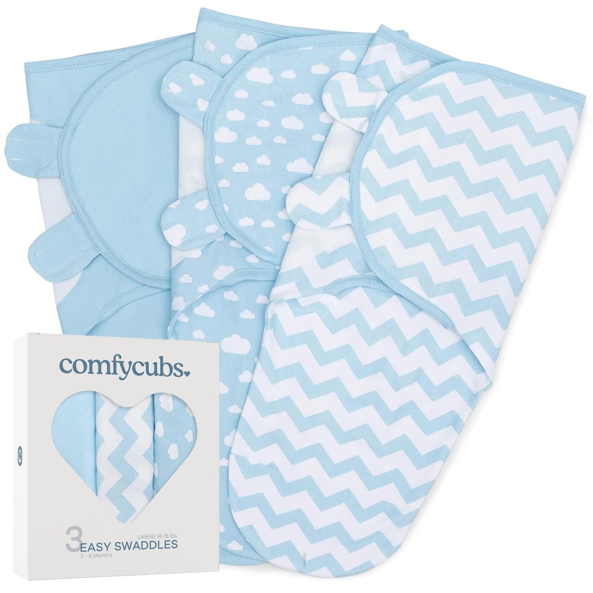 Comfy Cubs Easy Swaddle Blanket, 3 Pack - 100% Cotton Newborn Wrap, Small for 0 - 3 Months Infants, Breathable and Durable Sleep Sack for Babies - Stone, Sage, Azul - LittleTreasures