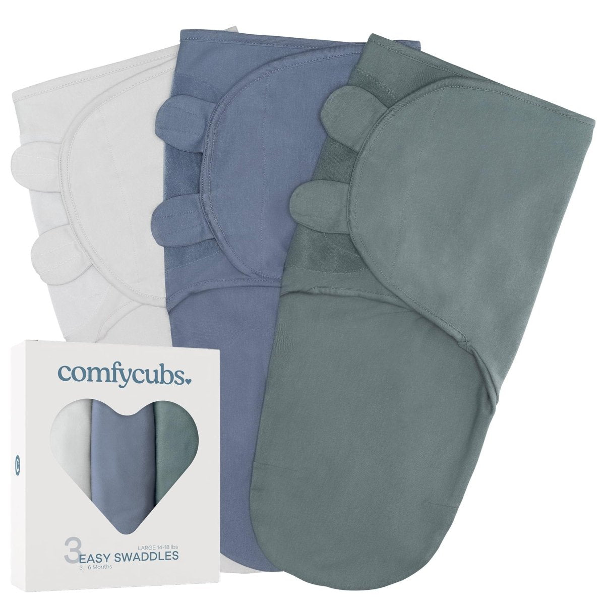 Comfy Cubs Easy Swaddle Blanket, 3 Pack - 100% Cotton Newborn Wrap, Small for 0 - 3 Months Infants, Breathable and Durable Sleep Sack for Babies - Stone, Sage, Azul - LittleTreasures