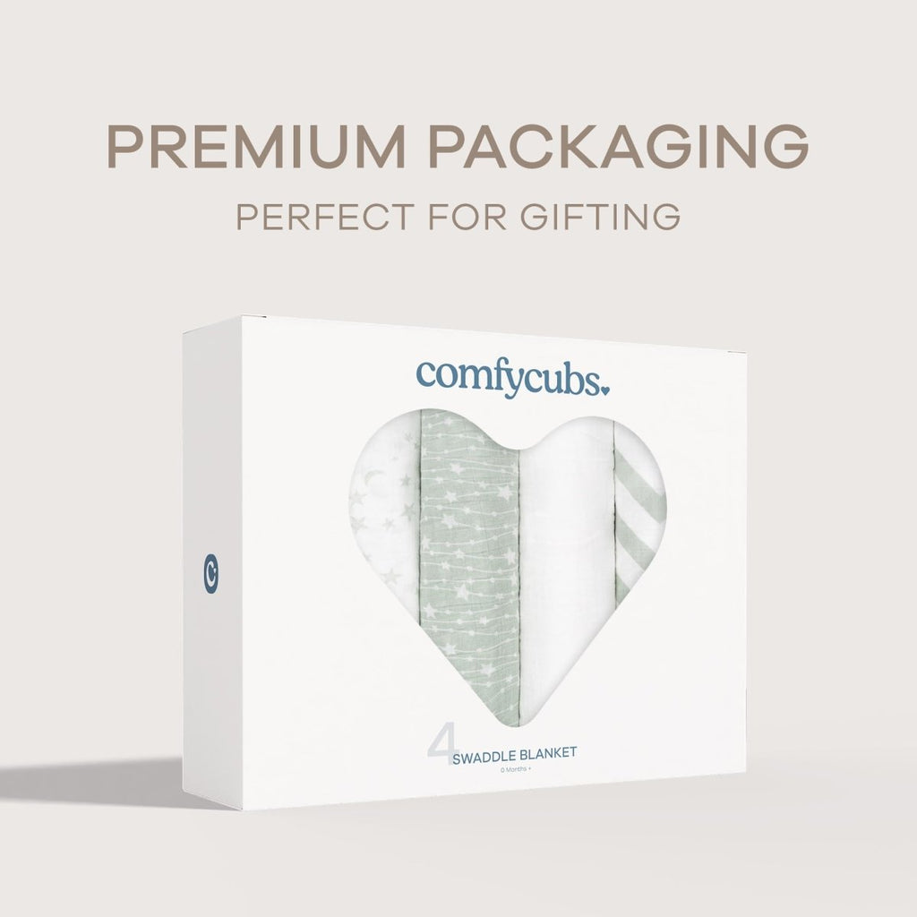 Comfy Cubs Muslin Swaddle Blankets Pack of 4 - 119 x 119 cm, Soft Cotton Baby Blanket Set, Large Swaddling Wraps for Newborns - Self - Soothing Baby Swaddle - Sun, Rainbow, Rain, Doodle - LittleTreasures