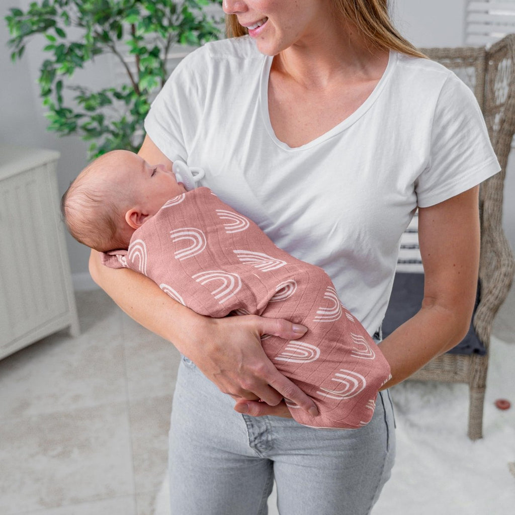 Comfy Cubs Muslin Swaddle Blankets Pack of 4 - 119 x 119 cm, Soft Cotton Baby Blanket Set, Large Swaddling Wraps for Newborns - Self - Soothing Baby Swaddle - Sun, Rainbow, Rain, Doodle - LittleTreasures