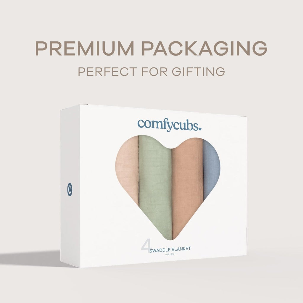 Comfy Cubs Muslin Swaddle Blankets Pack of 4 - 119 x 119 cm, Soft Cotton Baby Blanket Set, Large Swaddling Wraps for Newborns - Self - Soothing Baby Swaddle - Sun, Rainbow, Rain, Doodle - LittleTreasures