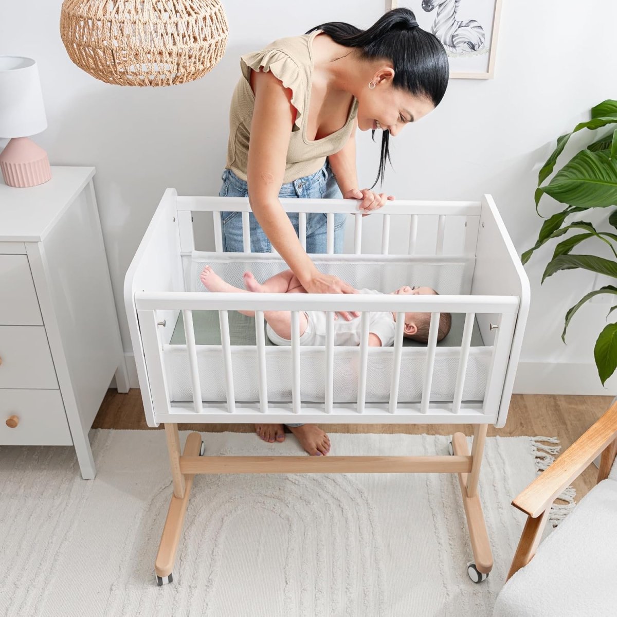 Comfy Cubs Wooden Baby Bassinet Bedside Sleeper - Adjustable Height with Safe & Sturdy Lockable Wheels - Co - Sleeper Bed with Easy to Clean Breathable Mesh - LittleTreasures