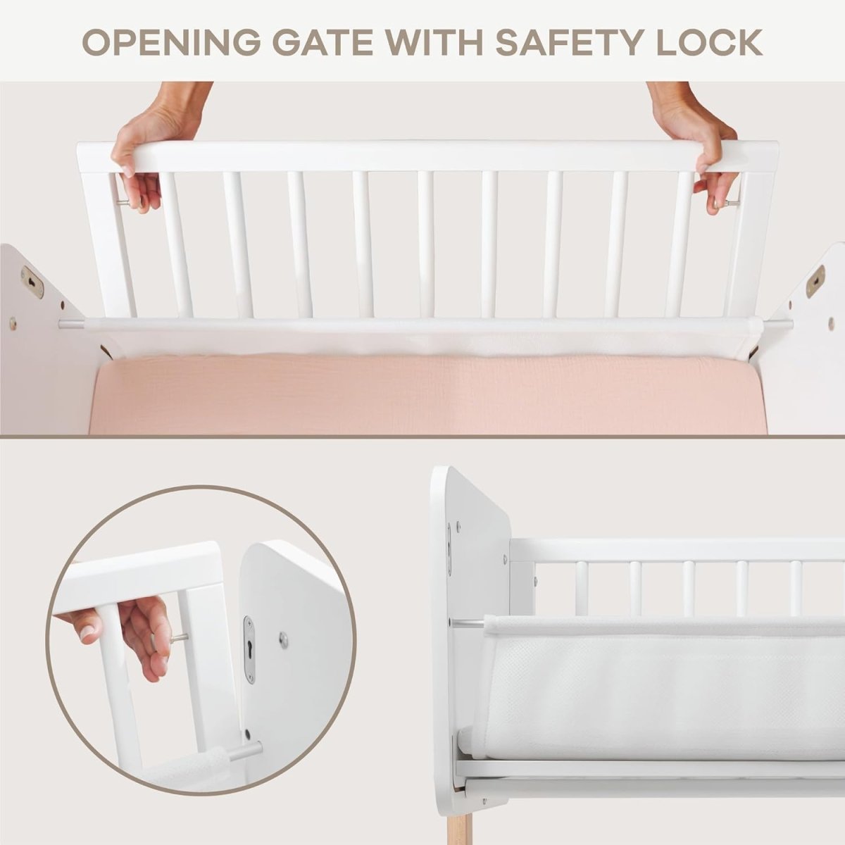 Comfy Cubs Wooden Baby Bassinet Bedside Sleeper - Adjustable Height with Safe & Sturdy Lockable Wheels - Co - Sleeper Bed with Easy to Clean Breathable Mesh - LittleTreasures