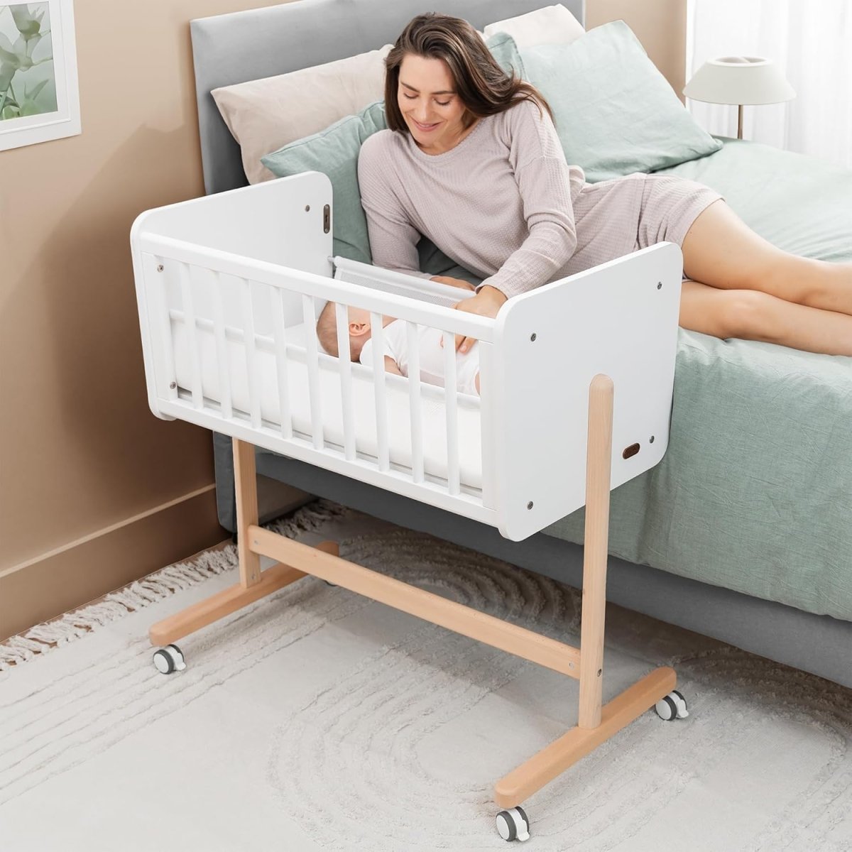 Comfy Cubs Wooden Baby Bassinet Bedside Sleeper - Adjustable Height with Safe & Sturdy Lockable Wheels - Co - Sleeper Bed with Easy to Clean Breathable Mesh - LittleTreasures