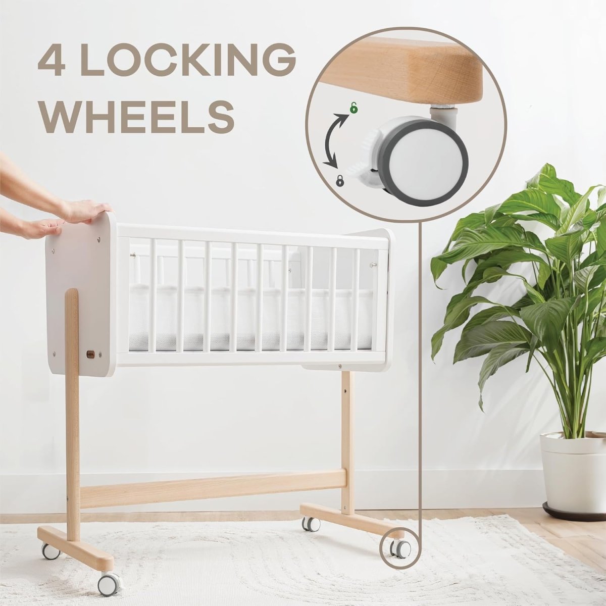 Comfy Cubs Wooden Baby Bassinet Bedside Sleeper - Adjustable Height with Safe & Sturdy Lockable Wheels - Co - Sleeper Bed with Easy to Clean Breathable Mesh - LittleTreasures