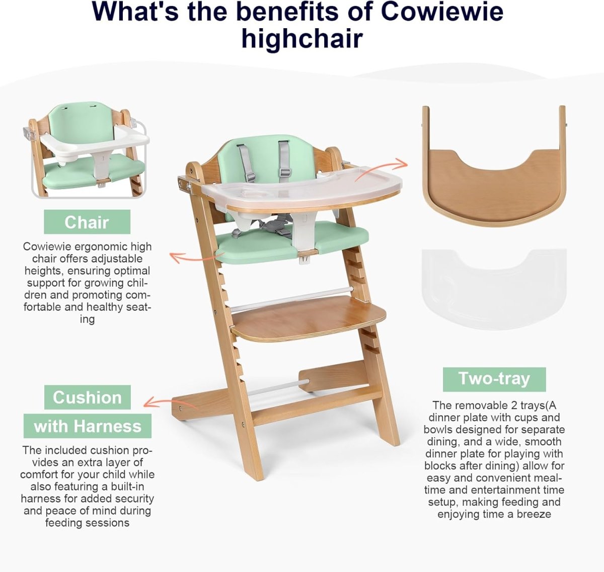 Cowiewie Wooden High Chair for Babies & Toddlers 3 - Tier Remove & Adjustable Wood Tray, Easy to Clean, Portable. Grey - LittleTreasures
