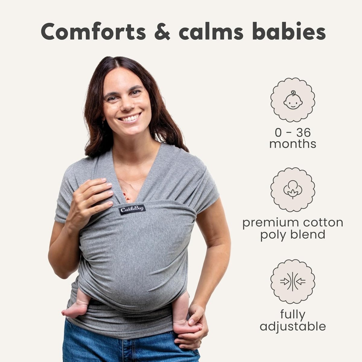 CuddleBug Baby Wrap - Hands - Free Baby Carrier Wrap - Soft & Stretchy Baby Wraps Carrier - Baby Carrier Newborn to Toddler 3 - 15 kg - One - Size - Fits - All Baby Holder Wrap - Hip - Healthy Wrap (Grey) - LittleTreasures
