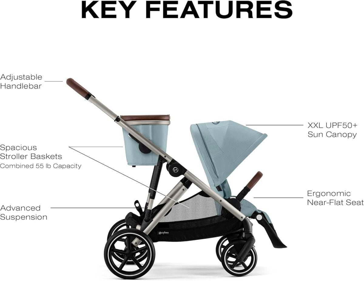 Cybex Gazelle S 2 Stroller – Modular Double Stroller for Infant and Toddler, Includes Detachable Shopping Basket, Over 20+ Configurations, Folds Flat for Easy Storage - Sky Blue/Taupe Frame - LittleTreasures