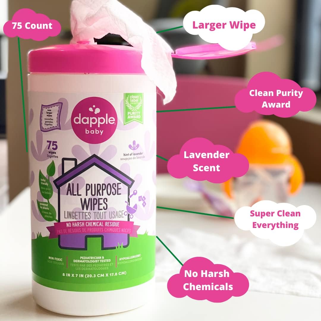 Dapple Baby - All Purpose Cleaning Wipes, Baby Safe, Natural Toy and High Chair Wipes, Plant Based, Sweet Lavender Scented - 75 Count - LittleTreasures