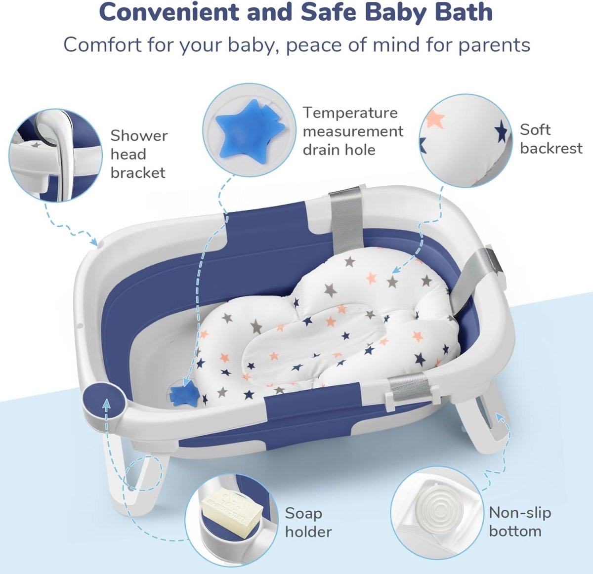 DEANIC Collapsible Baby Bathtub for Newborns, Portable Infant Bathtub with Soft Bath Cushion Support for 0 - 24 Months, Toddler Bath Tub with stand Indoor Travel (Grey) - LittleTreasures