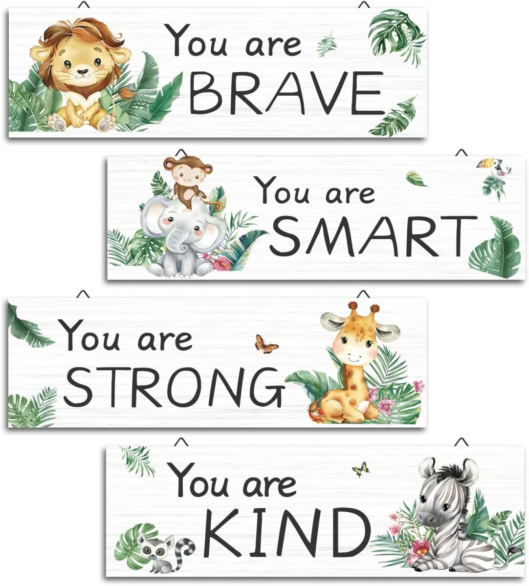 decalmile 4 Pieces Jungle Animal Wooden Hanging Signs Safari Wood Wall Decor Baby Nursery Kids Bedroom Daycare Wall Art Decor - LittleTreasures
