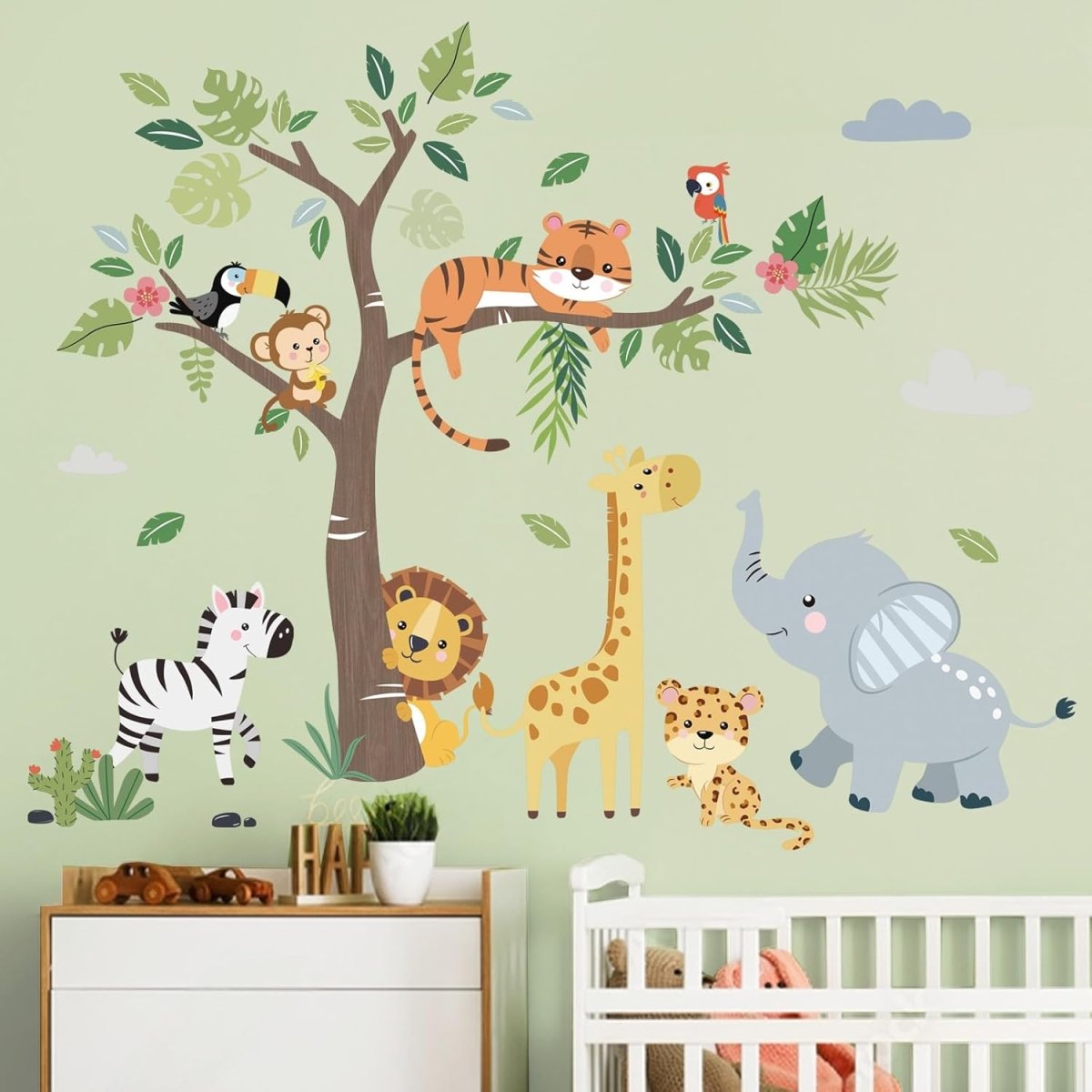 decalmile Jungle Animals Tree Wall Decals Elephant Giraffe Lion Safari Wall Stickers Baby Nursery Kids Bedroom Living Room Wall Decor - LittleTreasures