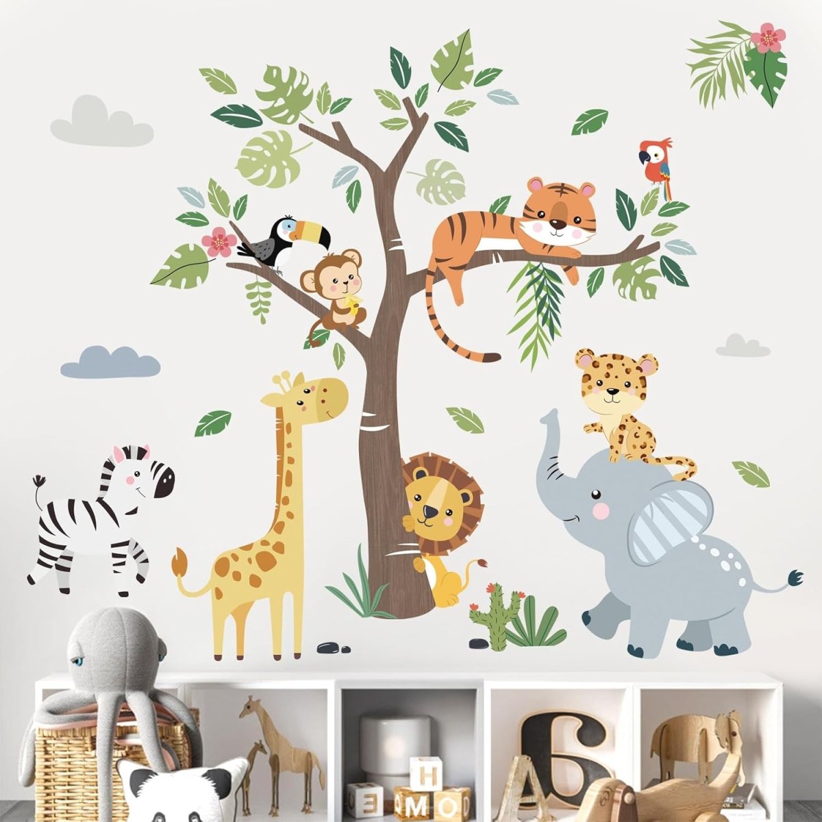 decalmile Jungle Animals Tree Wall Decals Elephant Giraffe Lion Safari Wall Stickers Baby Nursery Kids Bedroom Living Room Wall Decor - LittleTreasures