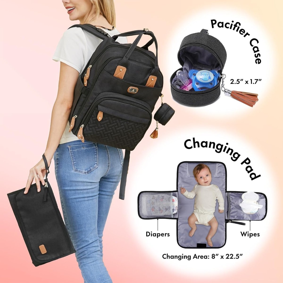 Diaper Bag Backpack with Portable Changing Pad, Pacifier Case and Stroller Straps - LittleTreasures