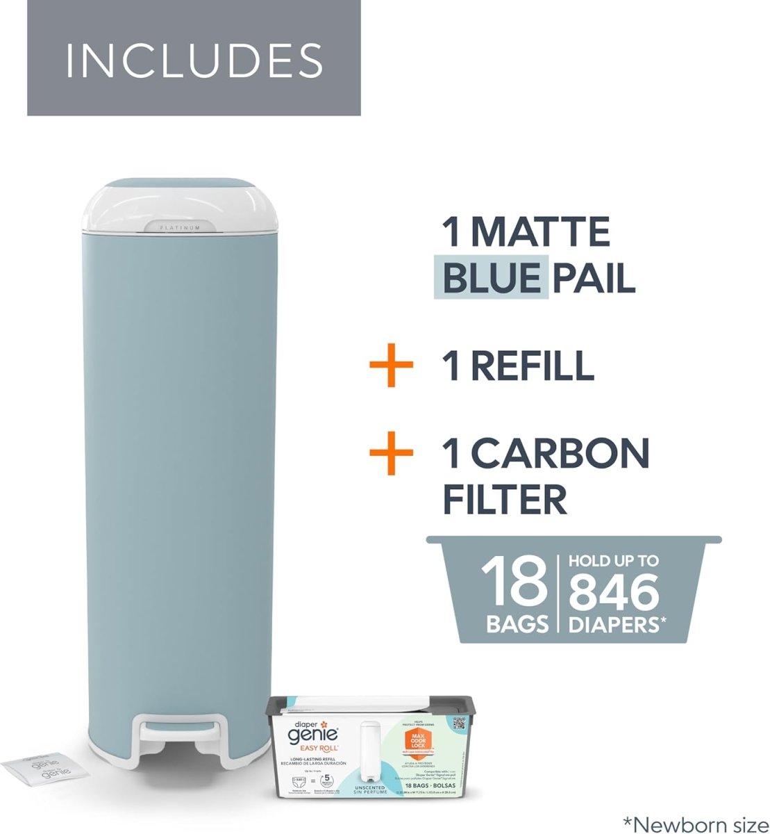 Diaper Genie Platinum Diaper Pail, Blue - Made in Durable Stainless Steel and Includes 1 Easy Roll Refill with 18 bags - LittleTreasures