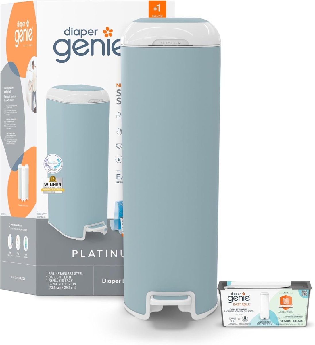 Diaper Genie Platinum Diaper Pail, Blue - Made in Durable Stainless Steel and Includes 1 Easy Roll Refill with 18 bags - LittleTreasures