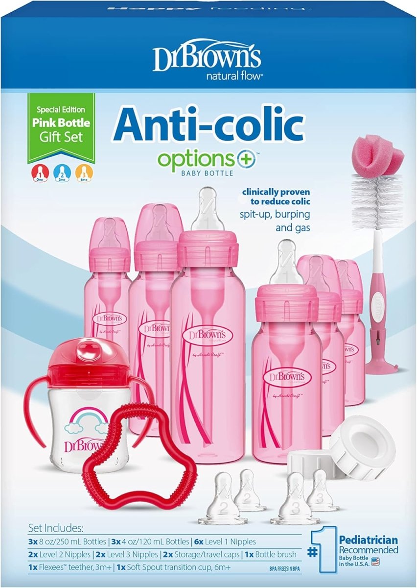 Dr. Brown's Options+ Baby Bottles Pink Gift Set with Silicone Teether, Pink Sippy Cup, Pink Bottle Brush and Travel Caps, Includes 6 Narrow Pink Baby Bottles - LittleTreasures