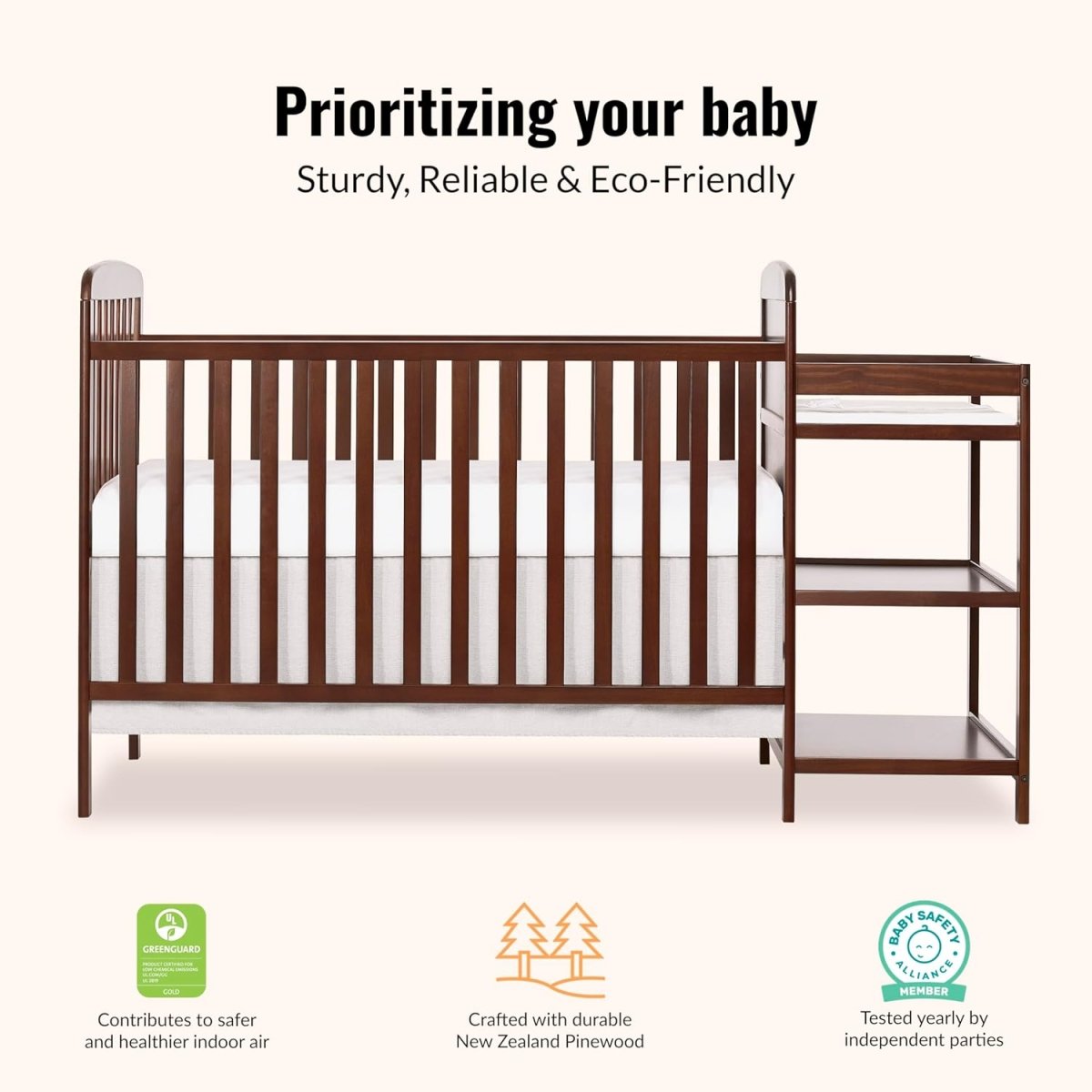 Dream On Me Anna 3 - In - 1 Full Size Crib And Changing Table Combo In Espresso, Greenguard Gold Certified, Non Toxic Finish, Wooden Nursery Furniture, Functional Crib - LittleTreasures