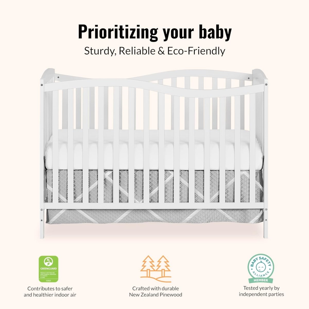 Dream On Me Chelsea 5 - In - 1 Convertible Crib In White, 4 Mattress Height Positions, Non Toxic Finish, JPMA Certified, Made Of Sustainable And Sturdy Pinewood - LittleTreasures