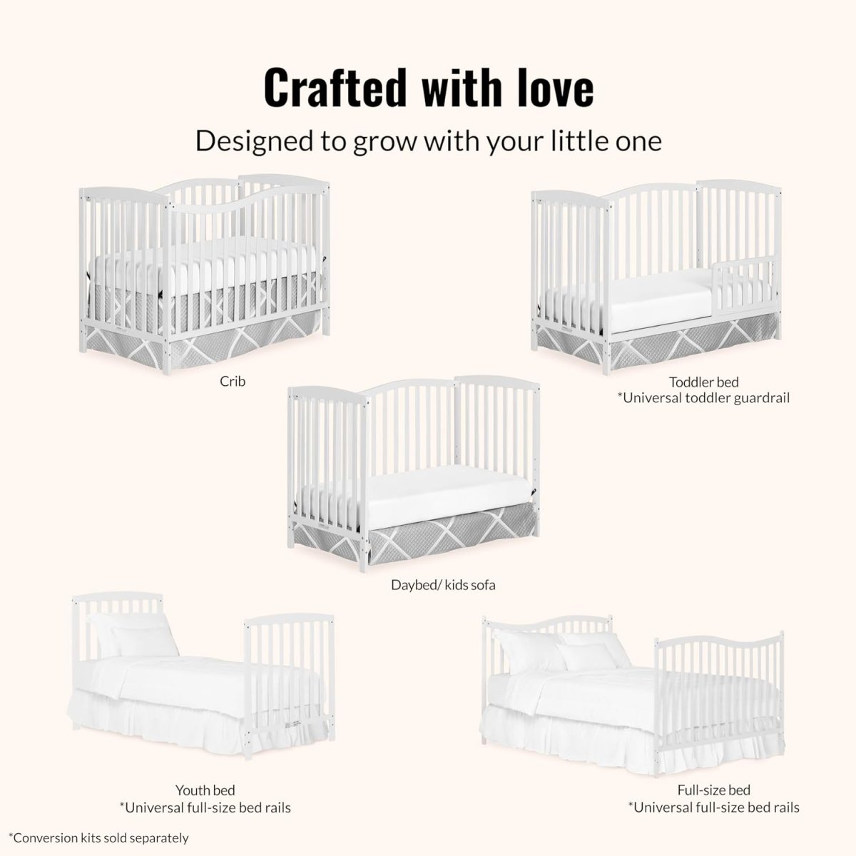 Dream On Me Chelsea 5 - In - 1 Convertible Crib In White, 4 Mattress Height Positions, Non Toxic Finish, JPMA Certified, Made Of Sustainable And Sturdy Pinewood - LittleTreasures