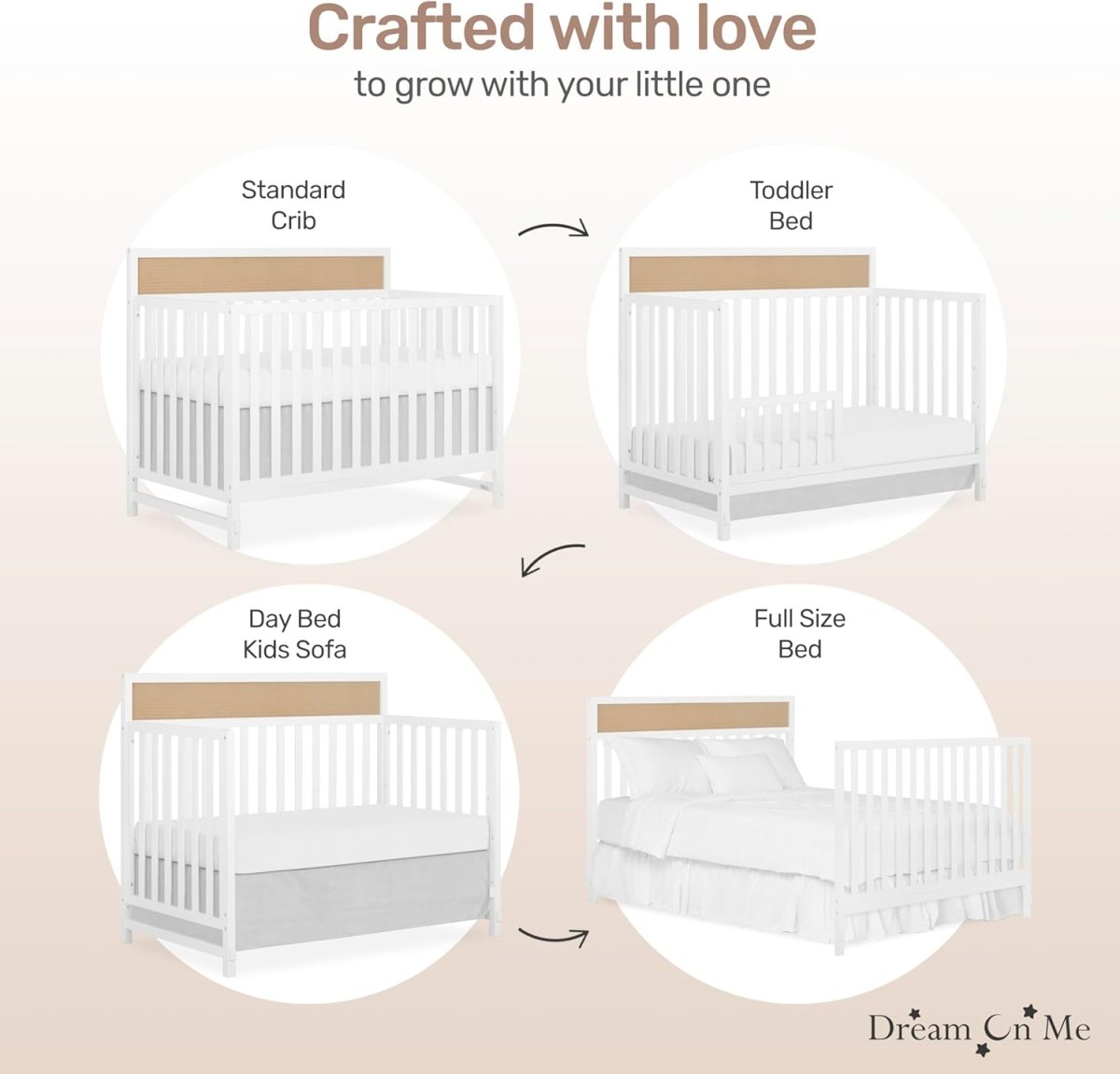 Dream On Me Kai Convertible Crib, White+Natural - LittleTreasures