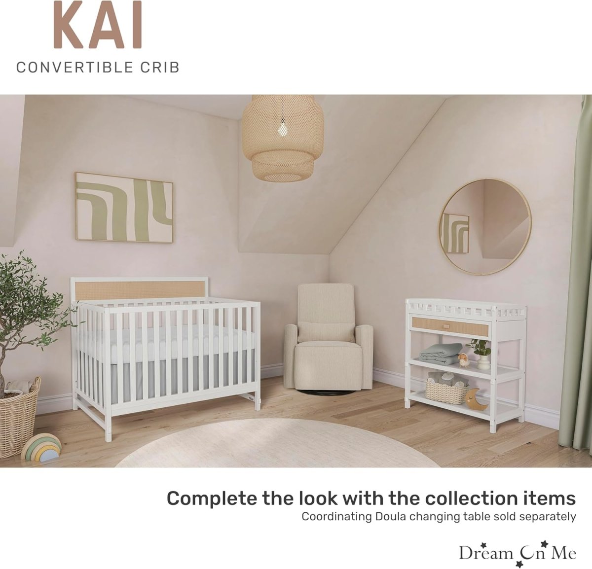 Dream On Me Kai Convertible Crib, White+Natural - LittleTreasures