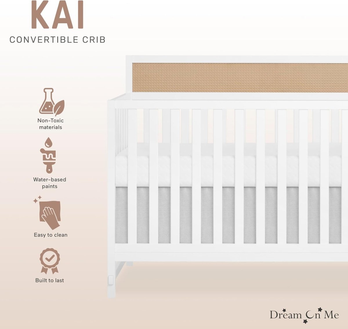 Dream On Me Kai Convertible Crib, White+Natural - LittleTreasures