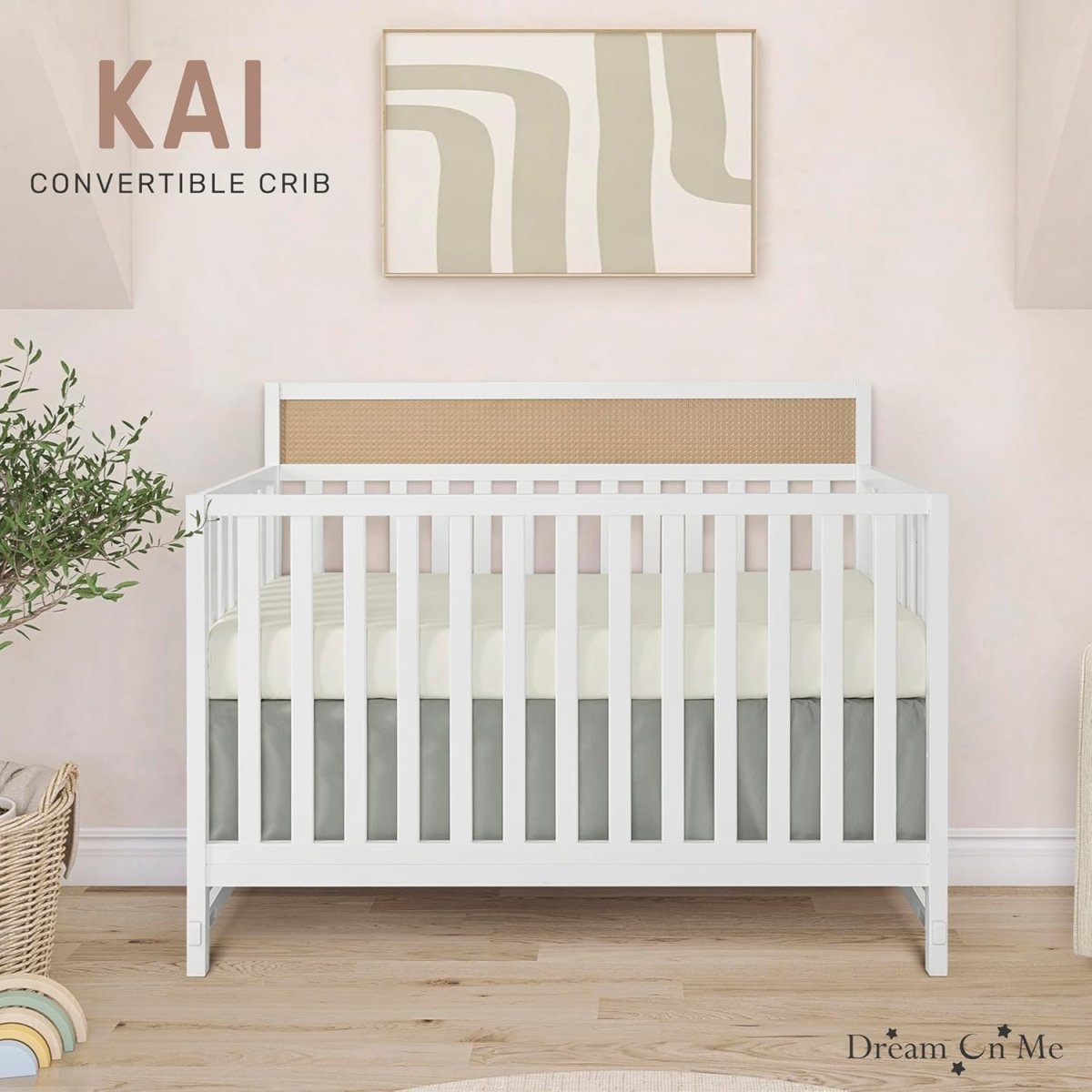 Dream On Me Kai Convertible Crib, White+Natural - LittleTreasures